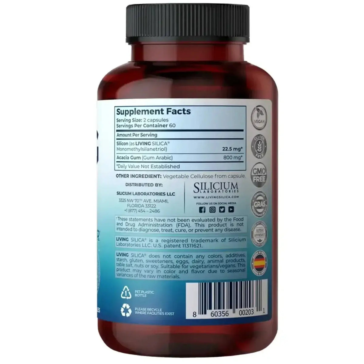 Supplement Facts for Living Silica Collagen Booster with Monomethylsilanetriol and dosage instructions.