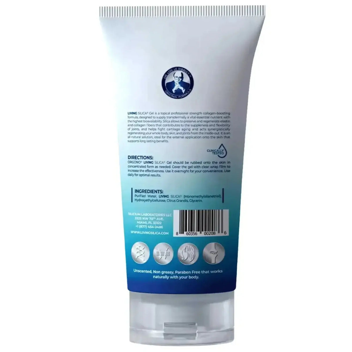 Living Silica Collagen Booster containing Monomethylsilanetriol in a squeeze tube, promoting skin and joint health.