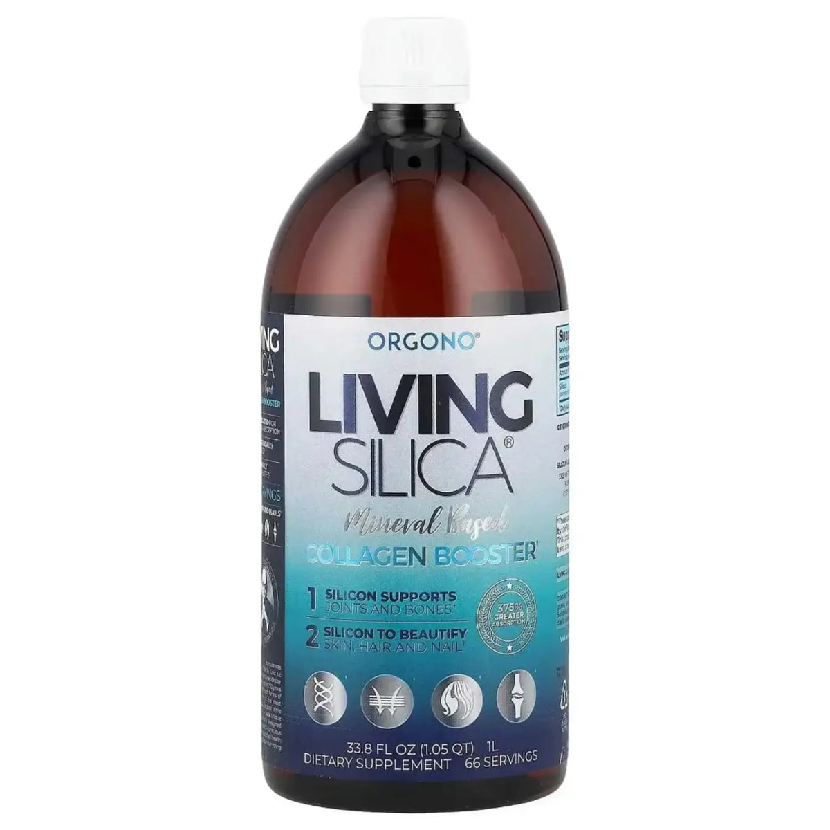 Living Silica Collagen Booster bottle featuring Monomethylsilanetriol for beauty and joint health.