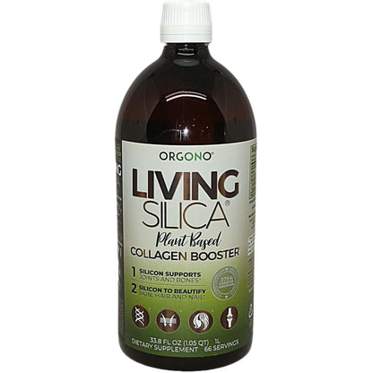 Living Silica Collagen Booster bottle featuring Monomethylsilanetriol for skin, hair, and joint support.