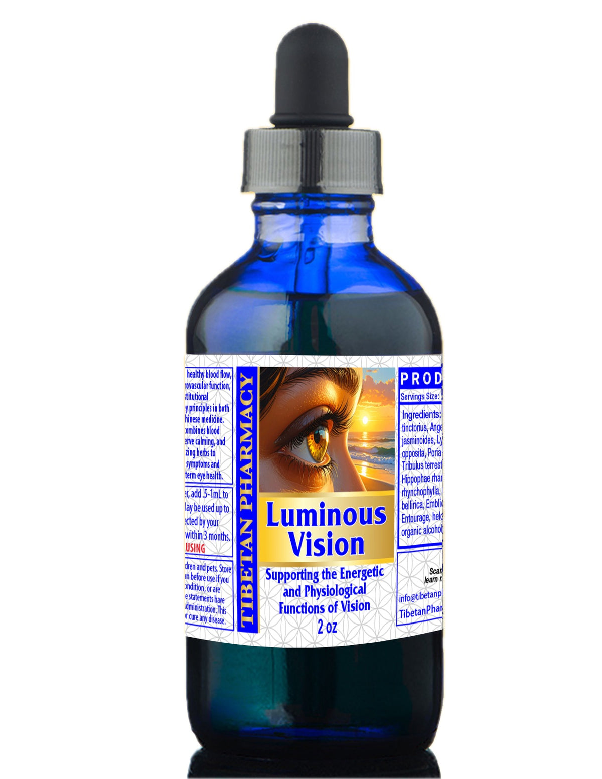 Bottle of Luminous Vision supplement with a dropper on a white background