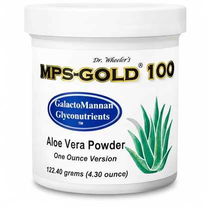 MPS-Gold 100 Mucopolysaccharides Powder container with Aloe Vera, 122.40 grams packaging image.