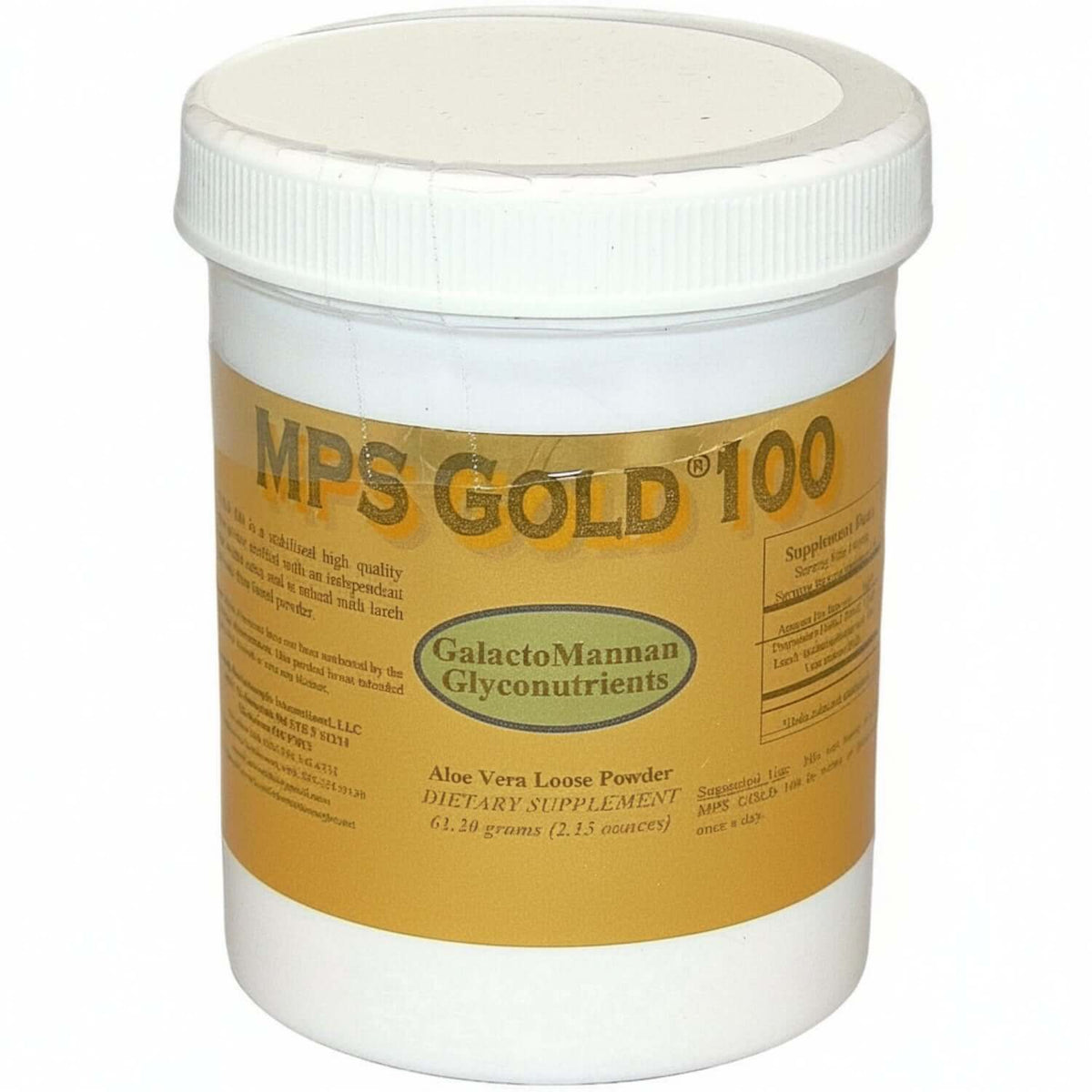 MPS-Gold 100 Mucopolysaccharides Powder container showcasing dietary supplement for physical recovery.