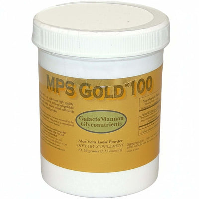 MPS-Gold 100 Mucopolysaccharides Powder container showcasing dietary supplement for physical recovery.