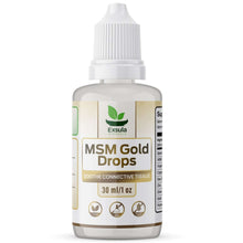 Bottle of Exsula Minerals MSM Gold Drops, featuring Bioavailable Liquid MSM Drops for connective tissue support.