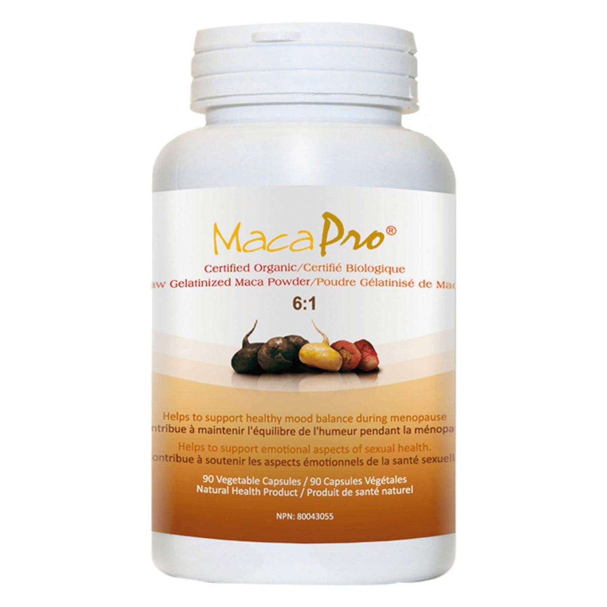 MacaPro for Balanced Energy and Hormonal Support supplement in a bottle, 90 vegetable capsules.