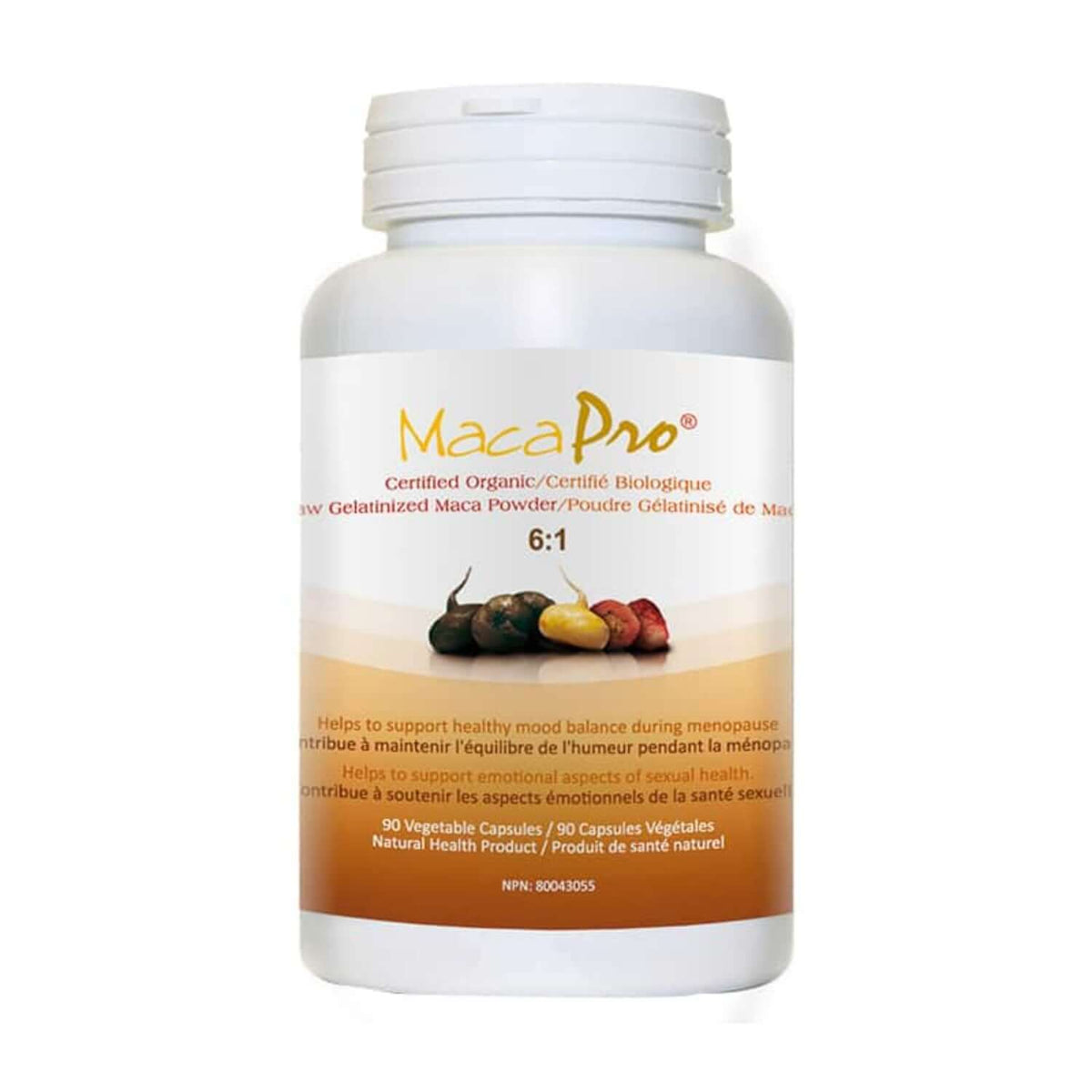 MacaPro for Balanced Energy and Hormonal Support dietary supplement bottle with 90 vegetable capsules.