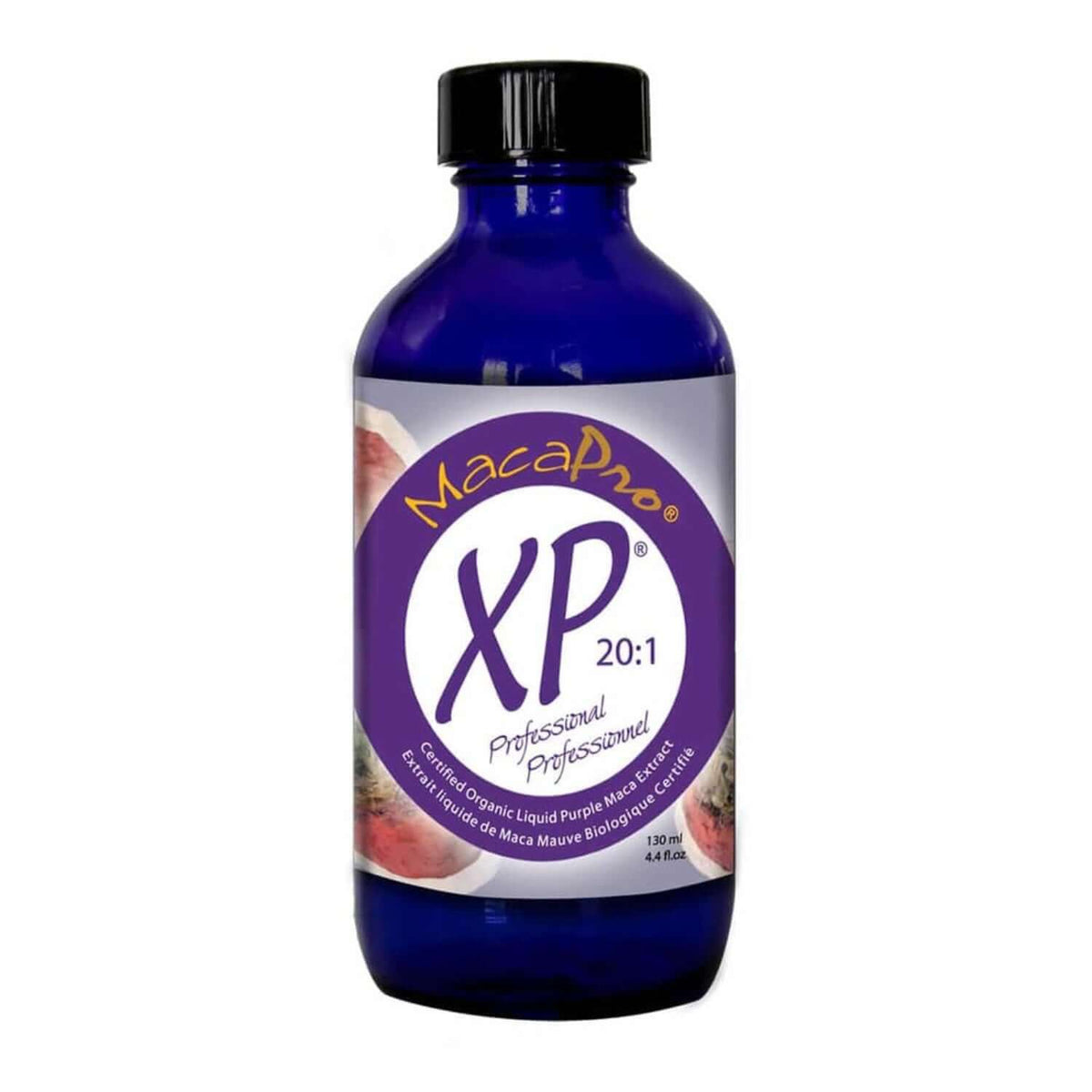 MacaPro XP for Hormonal Balance and Sustained Energy in a blue bottle with a 20:1 concentration.