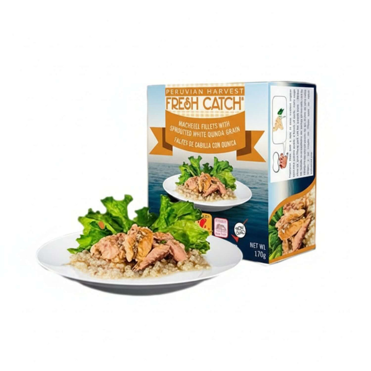 Mackerel for Wild-Caught Omega-3 and Heart Health Support served with quinoa and lettuce in high-quality packaging.