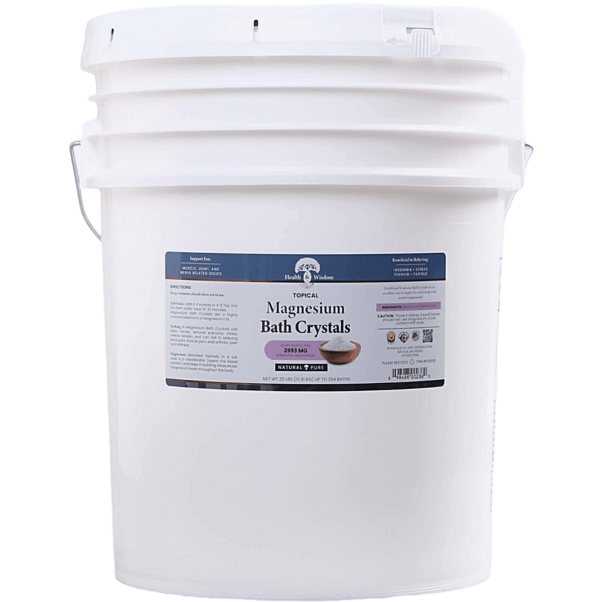 Pure USP Grade Magnesium Chloride in a large bucket of Magnesium Bath Crystals for relaxation and stress recovery.
