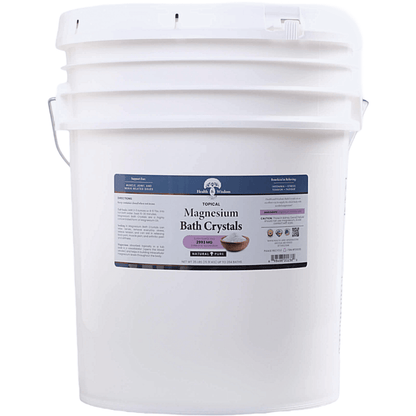 Pure USP Grade Magnesium Chloride in a large bucket of Magnesium Bath Crystals for relaxation and stress recovery.