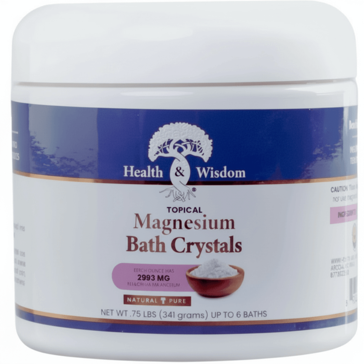 Magnesium Bath Crystals - Pure USP Grade Magnesium Chloride product packaging by Health and Wisdom
