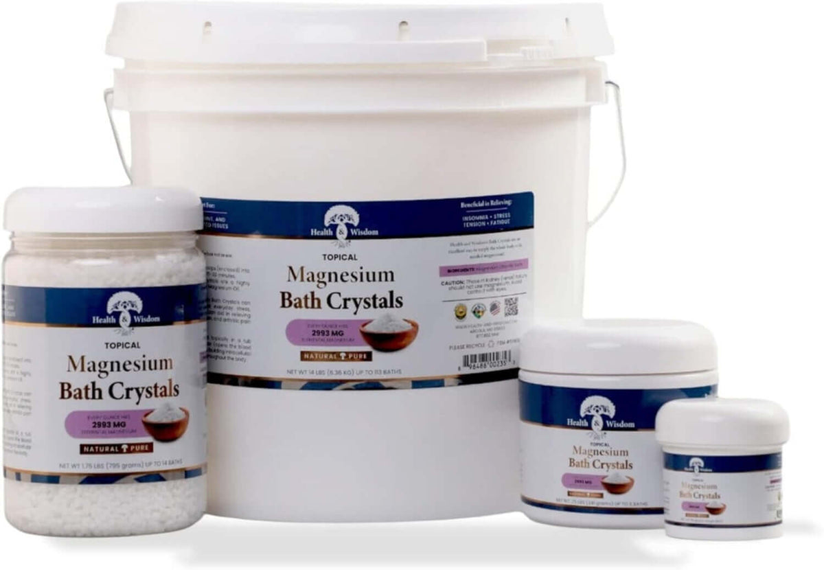 Pure USP Grade Magnesium Chloride in various packaging: jars and bucket of Magnesium Bath Crystals by Health and Wisdom.
