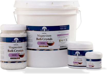 Pure USP Grade Magnesium Chloride in various packaging: jars and bucket of Magnesium Bath Crystals by Health and Wisdom.