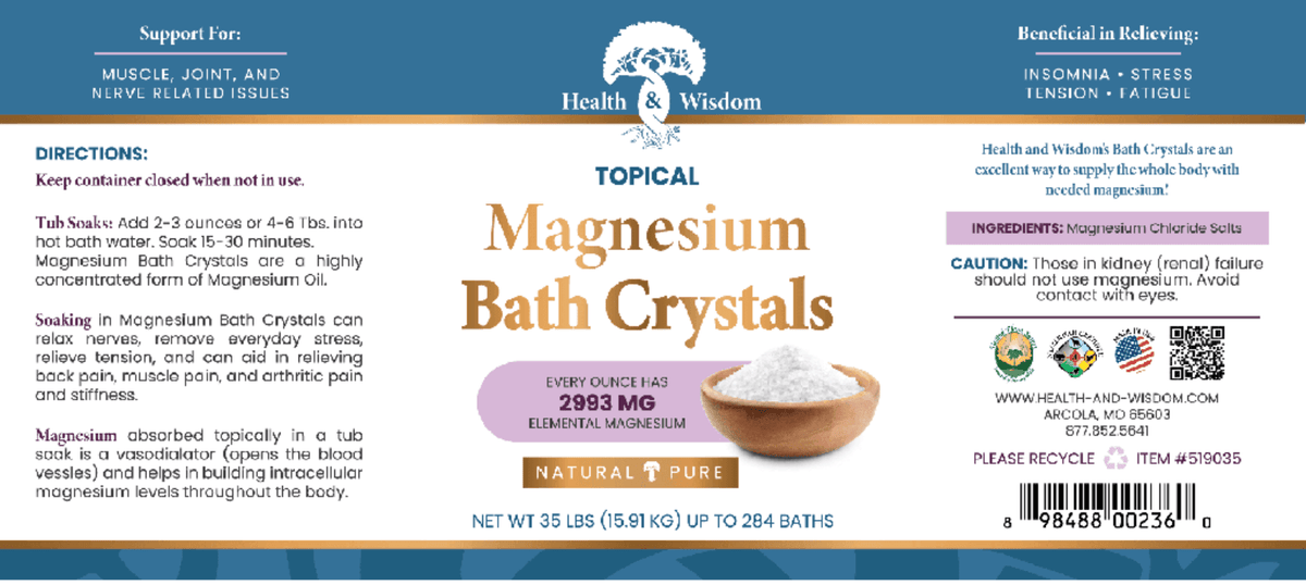 Pure USP Grade Magnesium Chloride - Magnesium Bath Crystals by Health and Wisdom, 35 lbs for muscle and joint support.