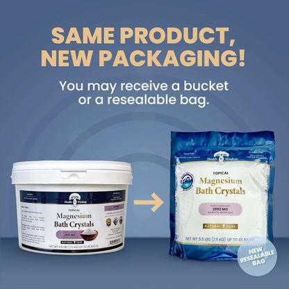 Magnesium Bath Crystals in new packaging, featuring a bucket and resealable bag, Pure USP Grade Magnesium Chloride.