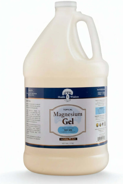 Topical Mineral Relaxation Magnesium Gel by Health and Wisdom in a large container for stress relief and rejuvenation.