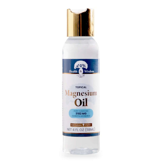 Topical Magnesium Oil by Health and Wisdom for topical muscle relief, 4 oz bottle, natural and pure formula.