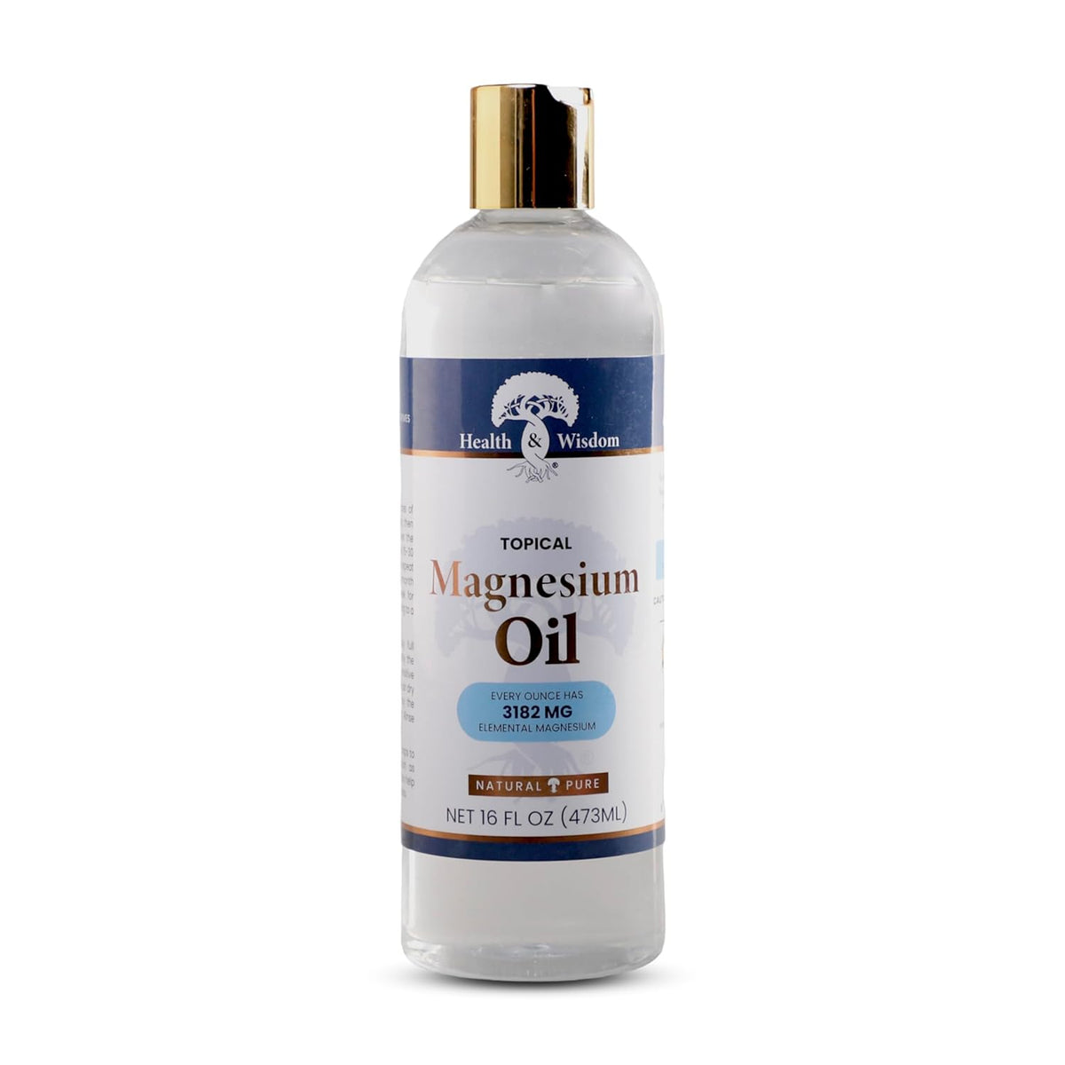 Bottle of magnesium oil with a blue label on a white background