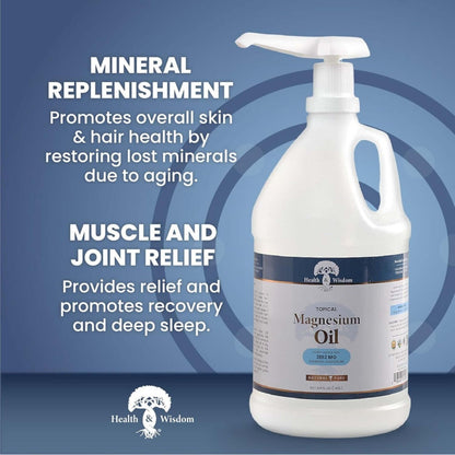 Health & Wisdom Topical Magnesium Oil bottle with text on a blue background