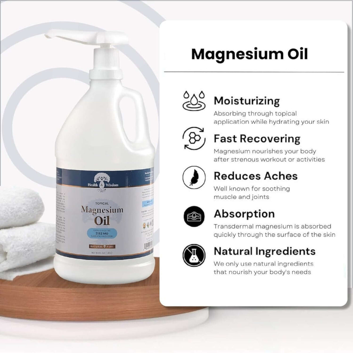 Bottle of magnesium oil with benefits listed on a white background