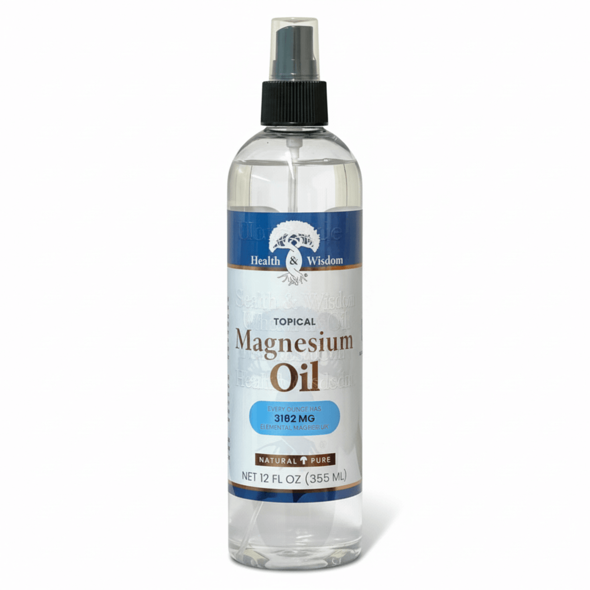 Topical Magnesium Oil by Health and Wisdom in a spray bottle for topical muscle relief.