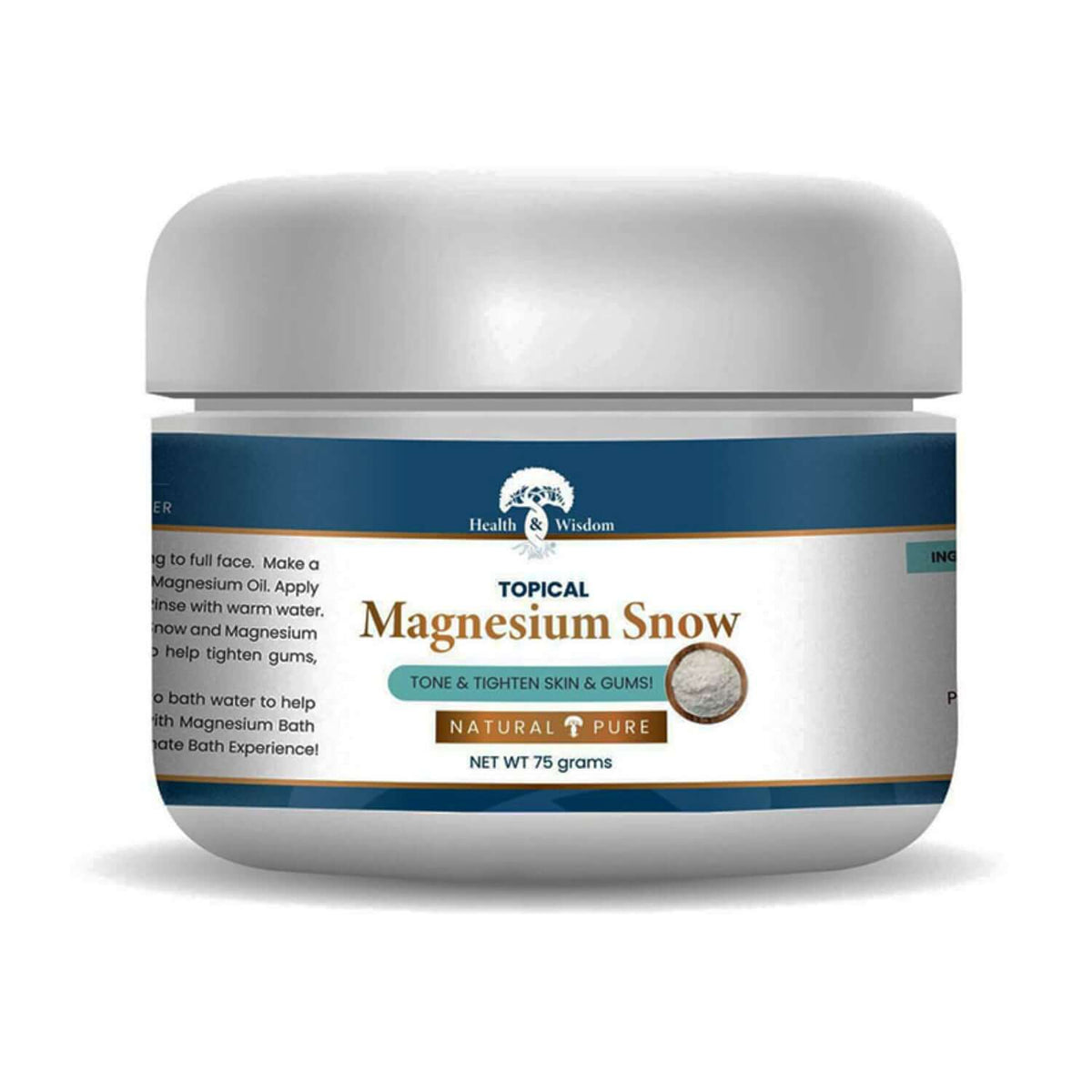 Magnesium Facial Mask in jar, Magnesium Snow by Health and Wisdom for skin purifying and balancing.