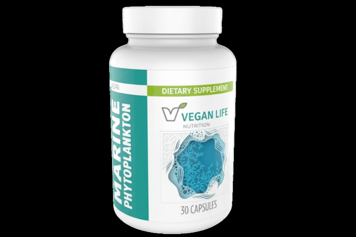 Marine Phytoplankton for Cellular Nutrition and Energy dietary supplement in capsule form by Vegan Life.