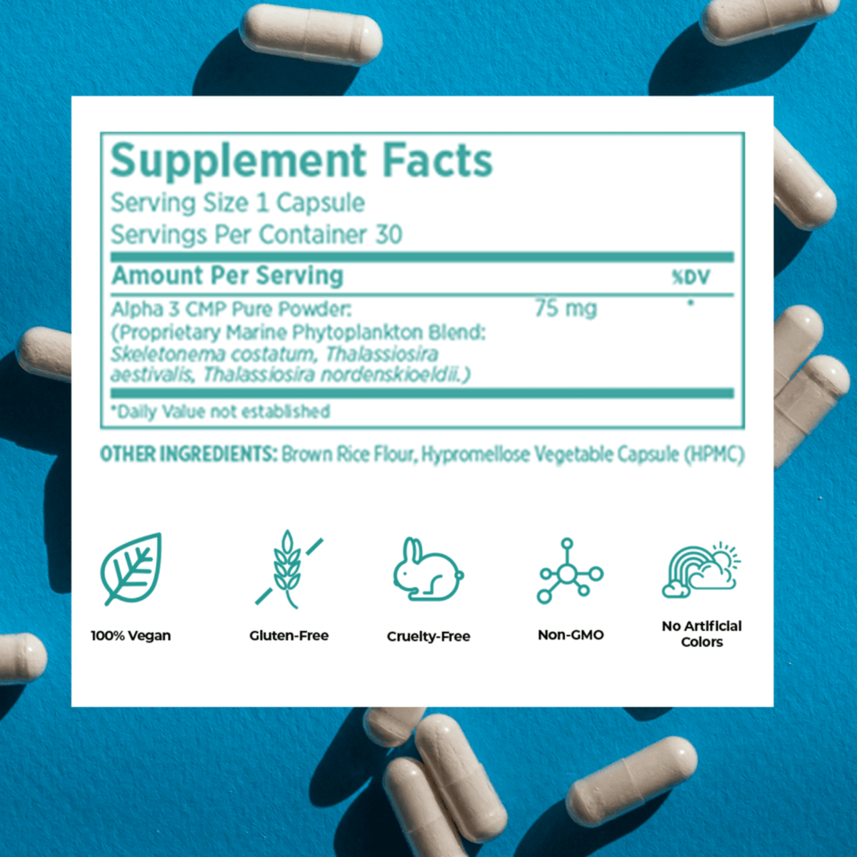 Supplement facts label with serving size, servings per container, and ingredient list on a blue background.