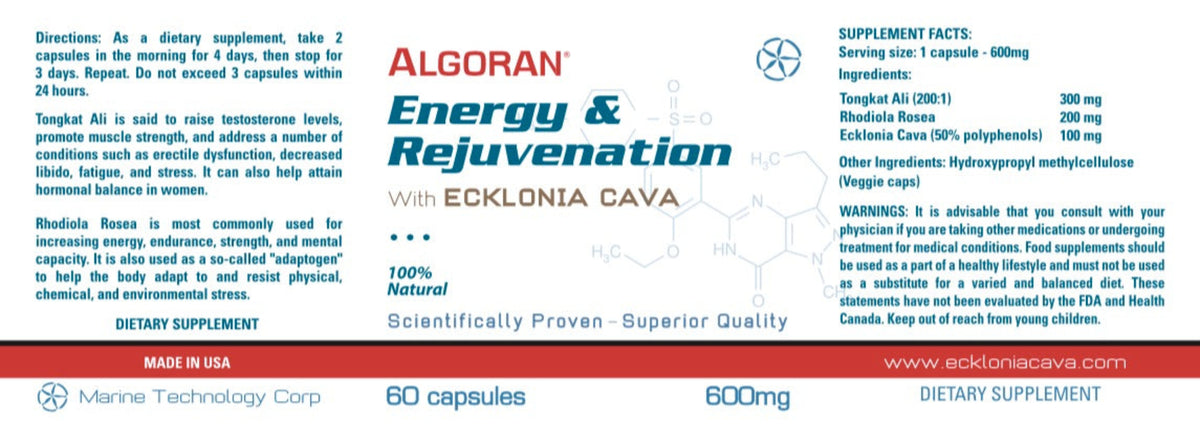 Algoran Energy and Rejuvenation Ecklonia Cava Capsules label showcasing supplement facts and benefits.