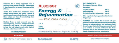 Algoran Energy and Rejuvenation Ecklonia Cava Capsules label showcasing supplement facts and benefits.