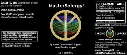 MasterSolergy Zeolite Detox Supplement label details including usage, ingredients, and nutritional information.