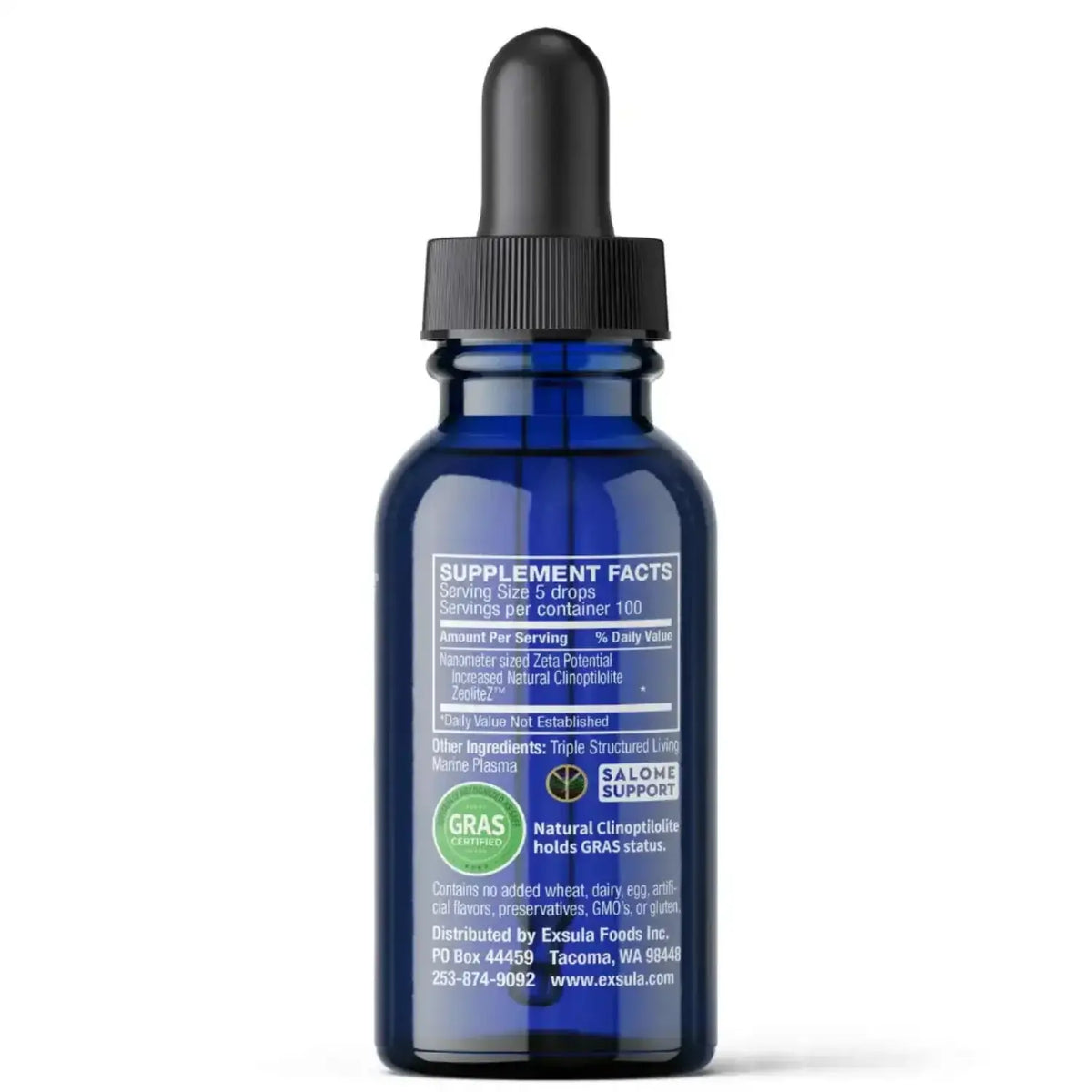 MasterPeace Zeolite Detox Supplement in a blue glass dropper bottle, showcasing supplement facts and serving details.