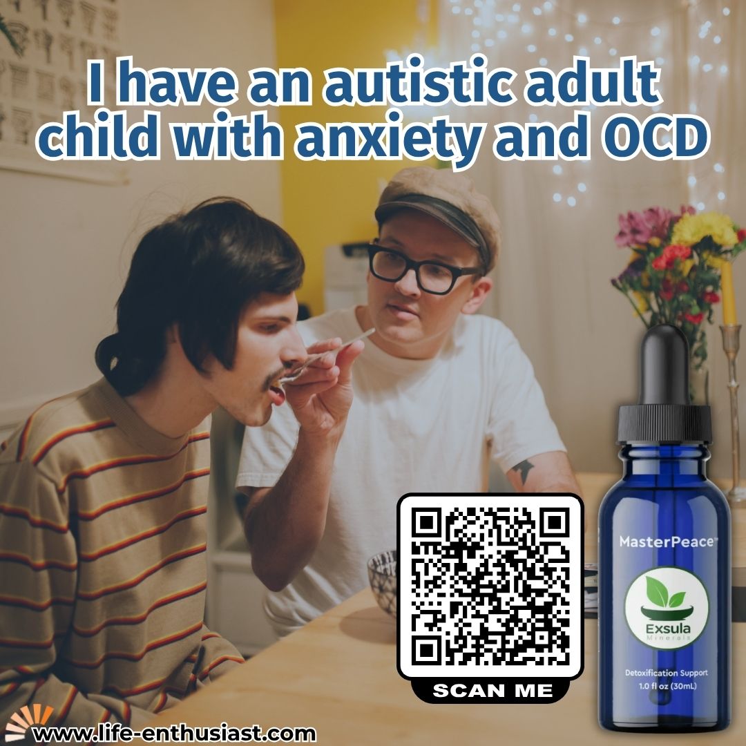 A blue dropper bottle labeled MasterPeace EXOURA on the right, large blue text at the top about an autistic adult child with anxiety and OCD