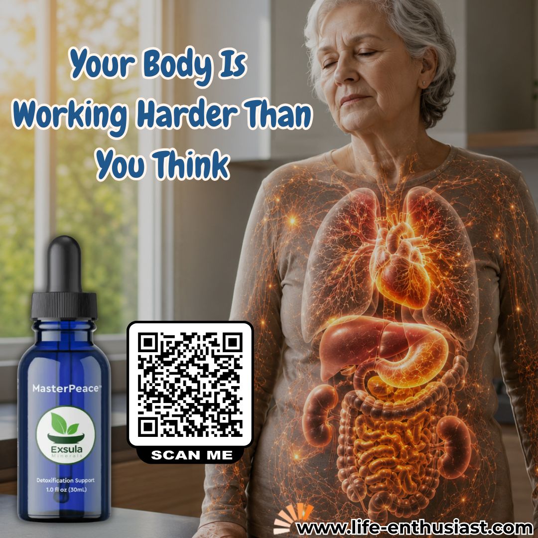 A blue dropper bottle labeled MasterPeace Exsula on the left, a QR code with 'SCAN ME'