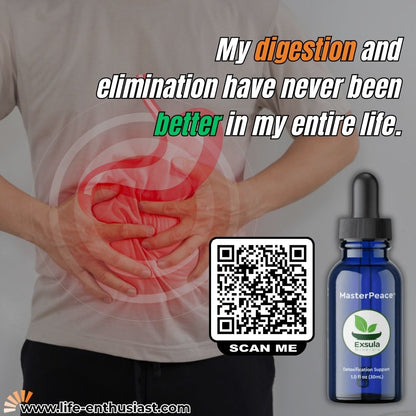 A person in a white T-shirt holding their stomach with a red highlighted digestive area, large text about digestion and elimination