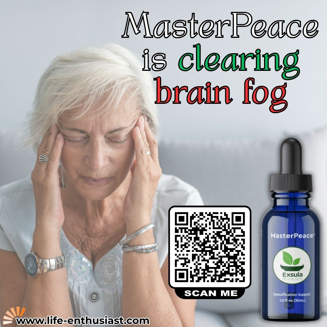MasterPeace essential oil dropper bottle. The left side features a woman with white hair holding her temples, suggesting brain fog or stress.
