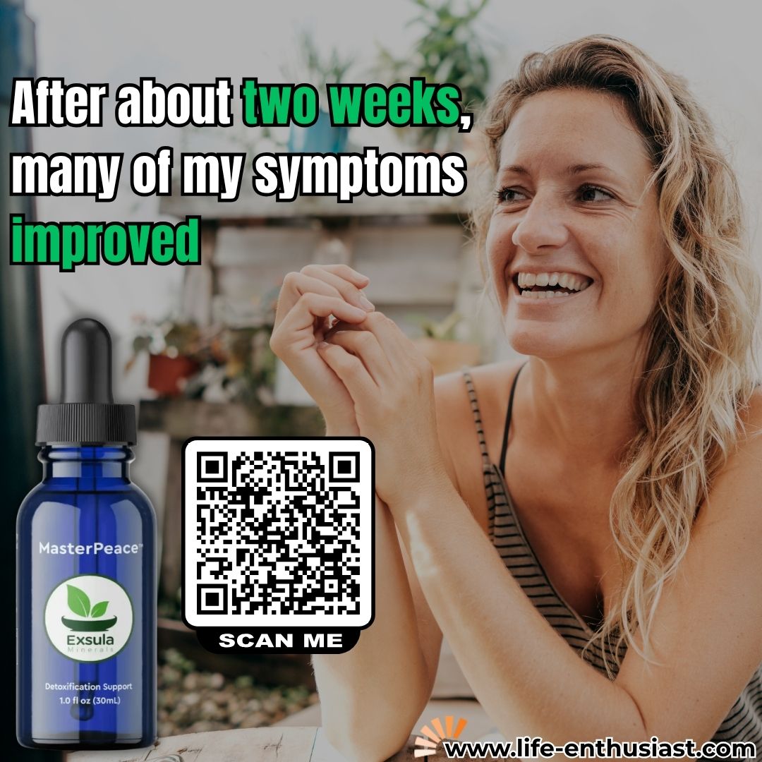 smiling woman in a home-like setting next to a blue dropper bottle labeled MasterPeace Exsula