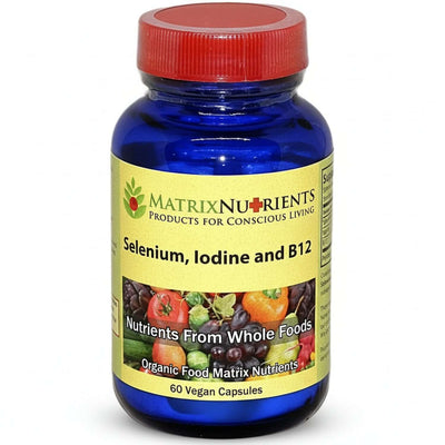 Selenium, Iodine and B12 - Natural Synergistic Endocrine Support in a blue bottle with vegan capsules by Matrix Nutrients.