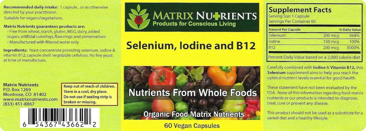 Selenium, Iodine and B12 - Natural Synergistic Endocrine Support product label featuring nutrient details and serving information.