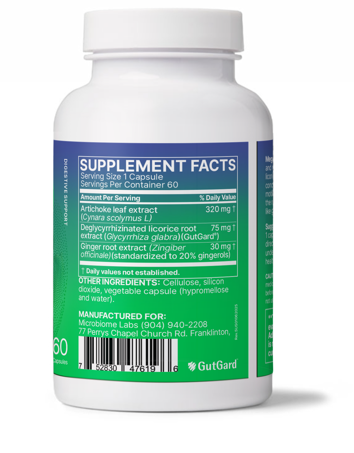 MegaGuard bottle with supplement facts, Herbal Aid to Slow Gastric Emptying, artichoke leaf and ginger root extract.