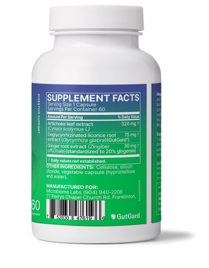 MegaGuard bottle with supplement facts, Herbal Aid to Slow Gastric Emptying, artichoke leaf and ginger root extract.