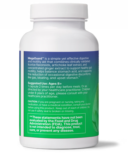 MegaGuard bottle, a herbal aid to slow gastric emptying with ginger, artichoke, and licorice root for digestive support.