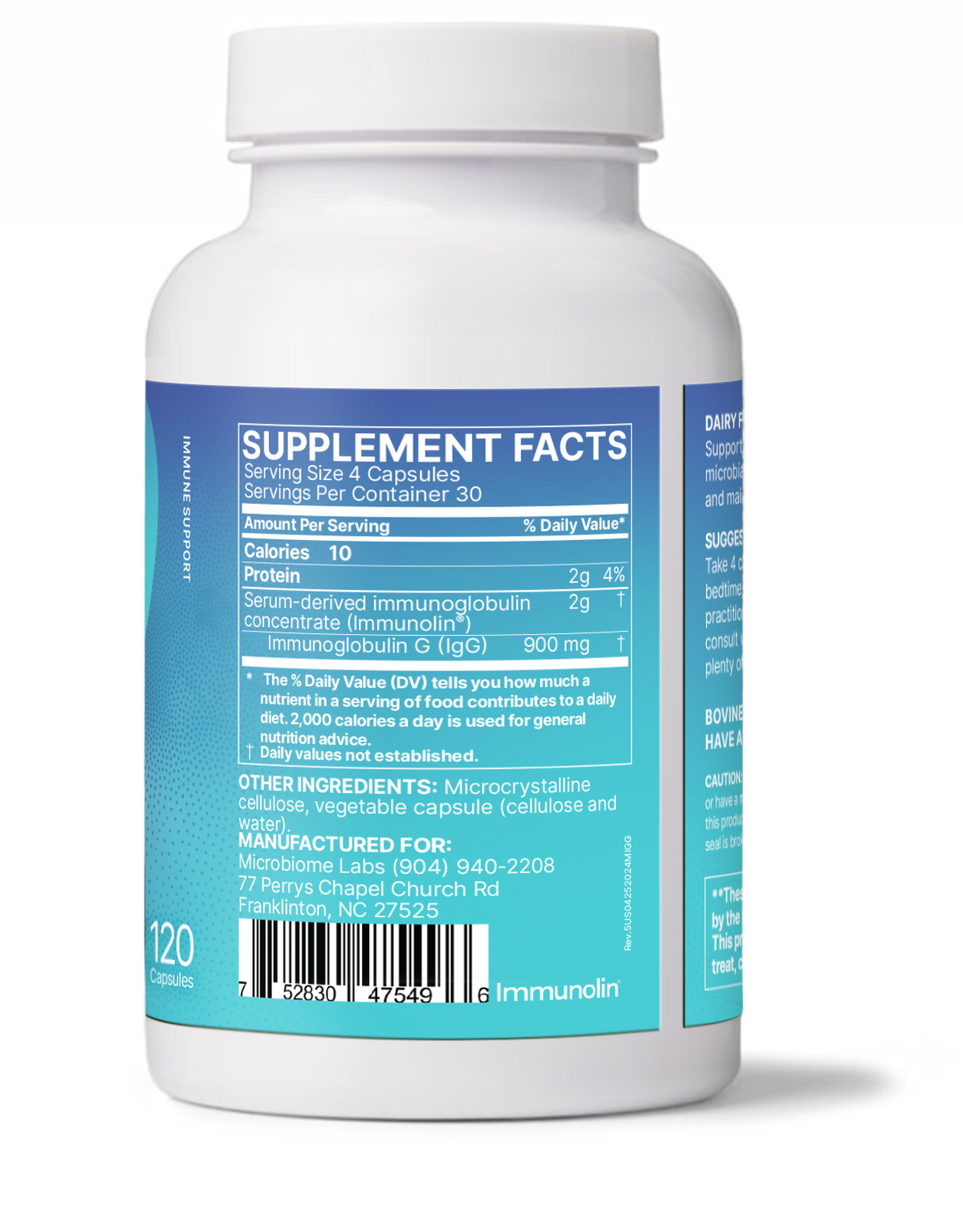 Mega IgG2000 supplement facts label showing serum derived immunoglobulin ingredients and serving size.