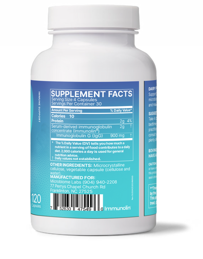 Mega IgG2000 supplement facts label showing serum derived immunoglobulin ingredients and serving size.