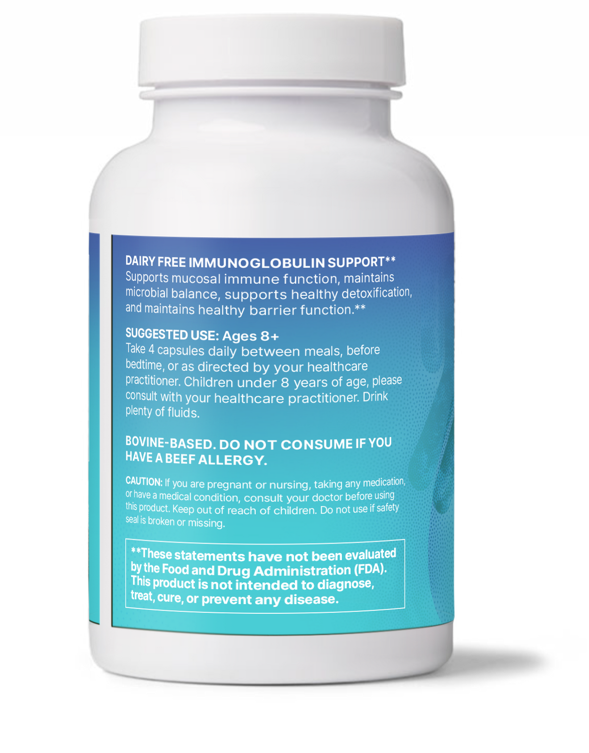 Mega IgG2000 bottle showing serum derived immunoglobulin for immune support, dairy free formula.