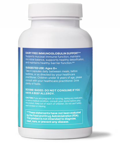 Mega IgG2000 bottle showing serum derived immunoglobulin for immune support, dairy free formula.