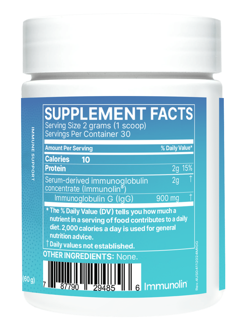 Supplement facts label for Mega IgG2000 showing Serum Derived Immunoglobulin content and serving details.