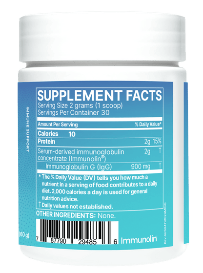 Supplement facts label for Mega IgG2000 showing Serum Derived Immunoglobulin content and serving details.