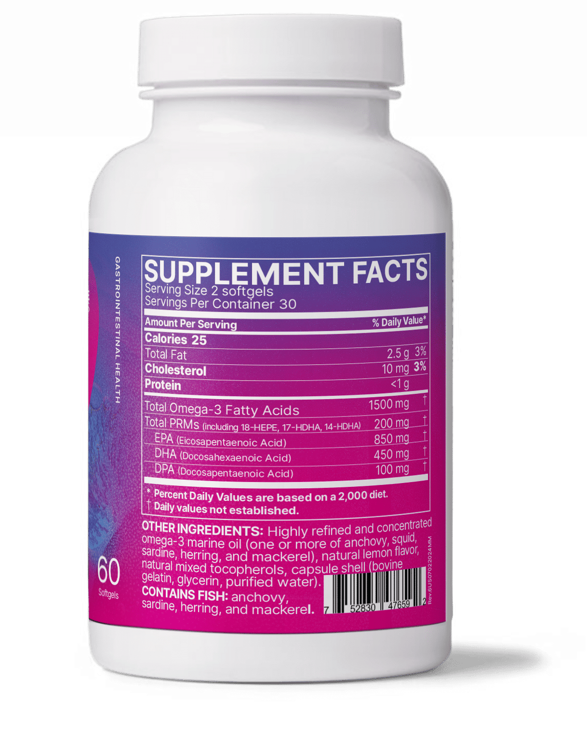 Supplement facts for Omega Ultra SPM, highlighting EPA DHA and DPA concentrated blend, softgel bottle.